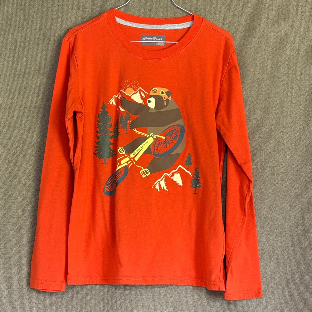 Eddie Bauer Kids Orange Long Sleeve Tee with Bear Biking Graphic Size 10